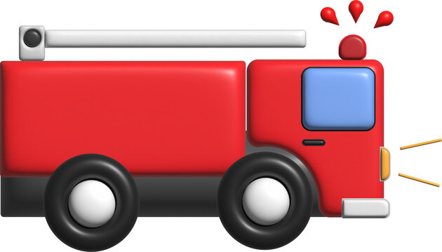 3D Realistic cartoon style fire rescues red truck, isolated on white background.