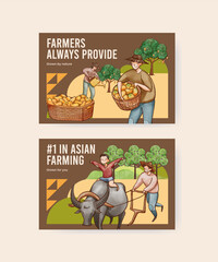 Facebook template with Asian farmer concept,watercolor style
