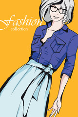 Beautiful young girl in stylish clothes. Fashion woman look. Sale concept. Hand-drawn fashion illustration. Cute girl in fashion clothes.