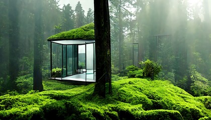 Stylish glass house in the forest. 3d illustration. 3d render