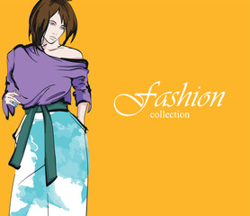 Beautiful young girl in stylish clothes. Fashion woman look. Sale concept. Hand-drawn fashion illustration. Cute girl in fashion clothes.