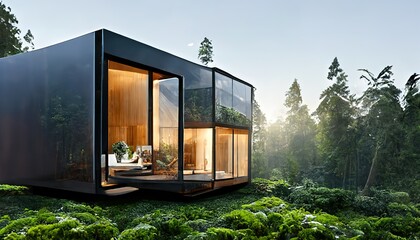 Stylish glass house in the forest. 3d illustration. 3d render