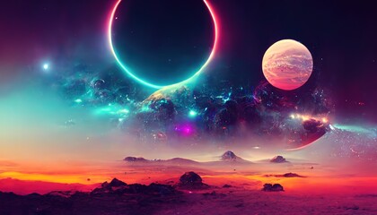 Fototapeta na wymiar Neon abstract space background with nebula and stars. Futuristic fantasy landscape. Futuristic space sci-fi abstract background, 3d render