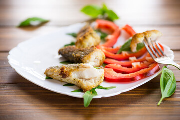 Pieces of fried hake fish in a plate with pepper