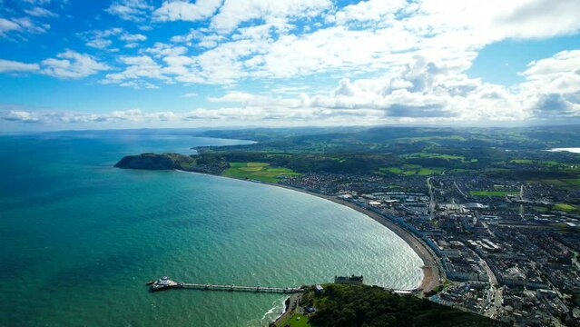 The Great Orme and Llandudno, North Wales, UK. Aerial views of the Welsh landscape from the Great Orme. High view of Llandudno.