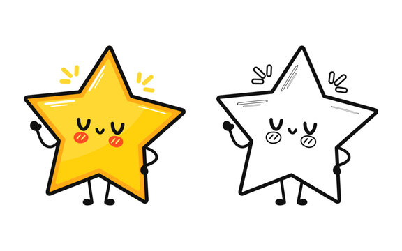 Funny cute happy star characters bundle set. Vector hand drawn cartoon kawaii character illustration icon. Cute star. Outline cartoon illustration for coloring book