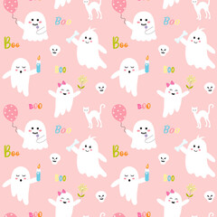 Seamless halloween pattern with cute pink ghosts, boo quote, white cat and skull. Pink childish print for wrapping and textile.