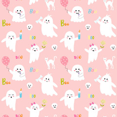 Fototapeta premium Seamless halloween pattern with cute pink ghosts, boo quote, white cat and skull. Pink childish print for wrapping and textile.