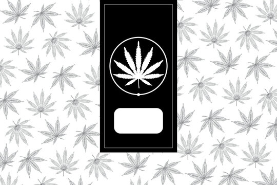 Vector. Diseño para packaging e imagen corporativa para negocios y productos derivados del cáñamo y cannabis. Logo silueta sobre fondo estampado de hojas de cannabis y cáñamo en blanco y negro.
