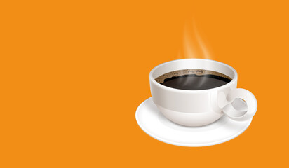  Morning coffee with steam in white cup on orange background.3d illustration