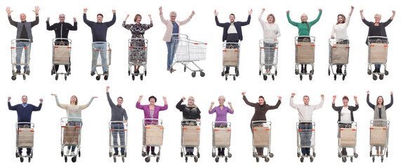 group of people with cart raised their hands up