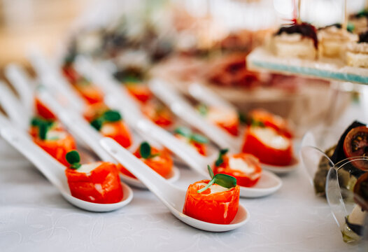 salmon appetizers served with white spoons,including smoke salmon rolls and cheese. buffet or catering.