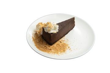 Chocolate dessert in a plate on a black background. selective focus. transparent.