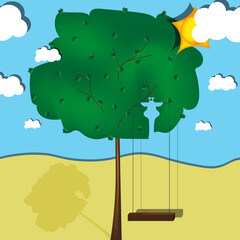 Vector illustration with an African landscape, a tree with a hole from a giraffe's head, a swing, the sun, clouds and shadows. A beautiful children's card with a creative pattern.