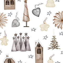 christmas seamless pattern. lights,pine cone, firry. Watercolor illustration. Farmhouse Christmas tree. Winter background