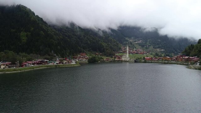 Aeriel view Tabzon Uzungol. Misty mountains and village, Trabzon, Turkey.