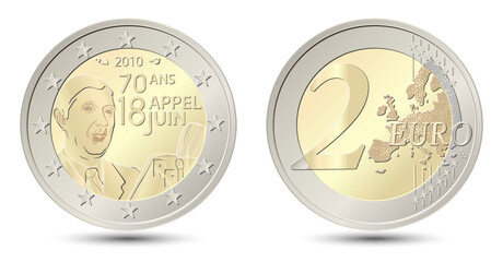 2 euro, France. 70 years of Charles de Gaulle's speech on June 18, 1940. Reverse and obverse of France two euro coin. Vector illustration isolated on white background.