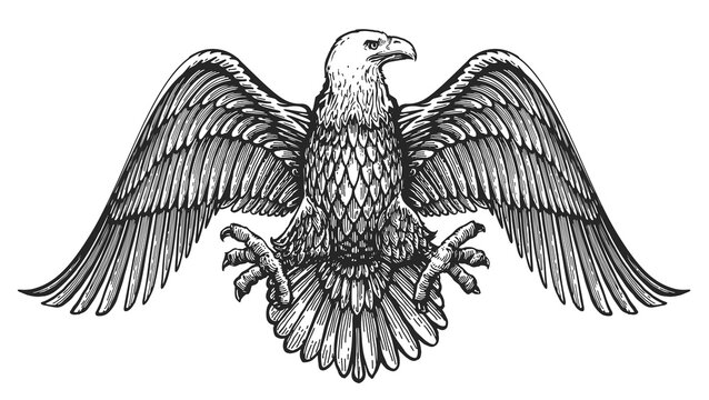 Bald Eagle with spread wings. Hand drawn sketch bird illustration in vintage engraving style. Royal emblem