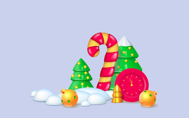 Snowy Christmas trees, big candy cane and wall clock. Realistic 3d Xmas decor
