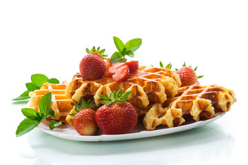 Sweet curd cooked waffles with fresh ripe strawberries