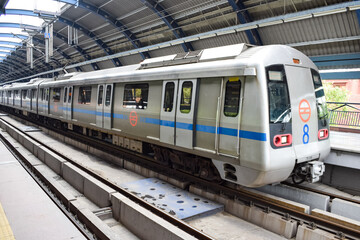 Delhi Metro train arriving at Jhandewalan metro station in New Delhi, India, Asia, Public Metro...