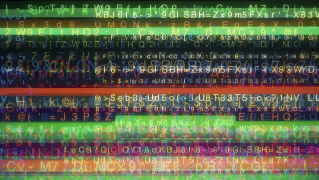 Organic colorful glitch noise with random text background 4k loop, Visual video effects stripes with code screen error backgrounds, overlay texture pattern
