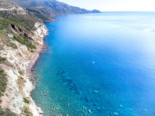 Fototapeta na wymiar Aerial view of the blue sea of Sardinia west coast
