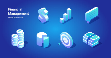 Financial Management, Fin tech, Money Marketing Funds Isometric Icon for banner background design concept. metaverse elements with gradient. Creative Vector illustration