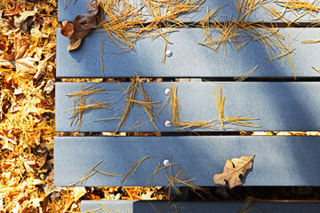 “FALL” spelled out in fallen, yellow pine needles on an outdoor picnic table with fallen autumn foliage on the ground in the background