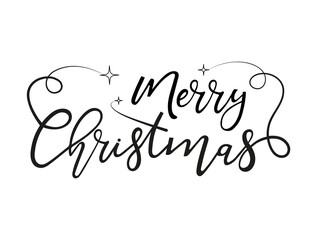 Merry Christmas hand lettering inscription with stars and flourishes isolated on white. Hand drawn Xmas background vector illustration