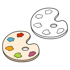 Vector illustration coloring page of cartoon paint palette with example  for children and scrap book