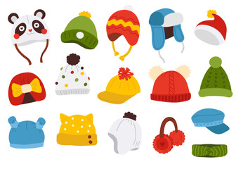 Cute vector collection of colorful baby winter hats