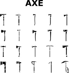 axe ax hatchet wood weapon icons set vector. tool equipment, blade lumberjack, tree, work forest, wooden steel, lumber sharp axe ax hatchet wood weapon glyph pictogram Illustrations
