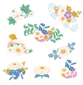 Vector Graceful Art Nouveau Flowers Bouquets of Convolvulus, Briar, Lotus, Lilac and Ranunculus