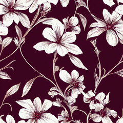 Fabric repeating pattern of dark burgundy colored wild flowers for a wall paper or fabric