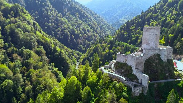 Aerial view Zilkale Castle Camlihemsin, Rize. Zilkale was built on a steep rock in green valley.