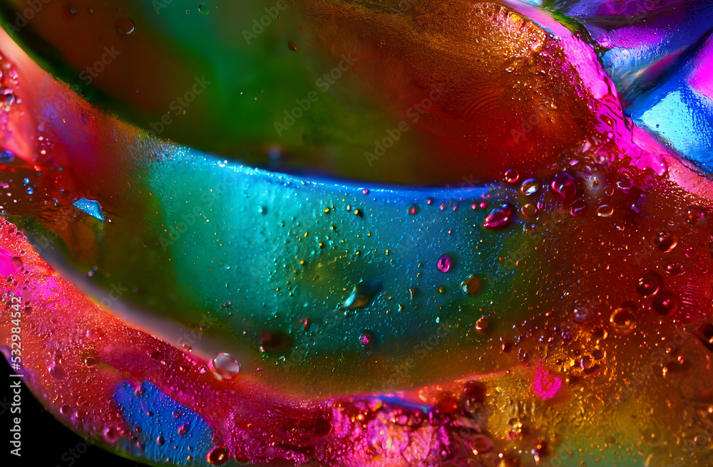 Wall mural marco abstract holographic and colorful background. wet paint and particles with bubbles. abstract f