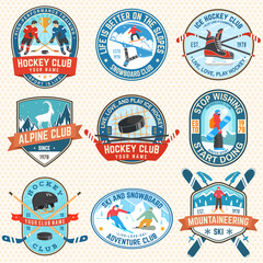 Set of Ice Hockey and snowboard club patch. Vector. Concept for badge, print, stamp or tee. Vintage typography design with snowboarder, skier rides, ice hockey player, sticker, puck. Outdoors