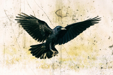 Vintage, old style photography Bird Rook corvus frugilegus landing, black bird in winter time, Poland Europe