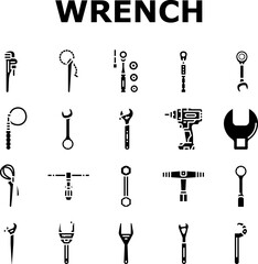 wrench tool spanner repair icons set vector. work maintenance, workshop key, mechanic equipment, construction mechanical hardware wrench tool spanner repair glyph pictogram Illustrations