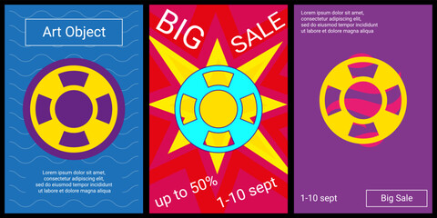 Trendy retro posters for organizing sales and other events. Large lifebuoy symbol in the center of each poster. Vector illustration on black background