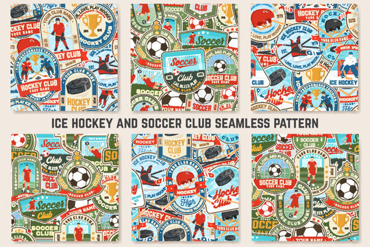 Ice Hockey and Soccer, football club seamless pattern. Vector. For football club background with ce hockey, soccer, football player, goalkeeper and gate silhouettes. Concept for soccer sport pattern
