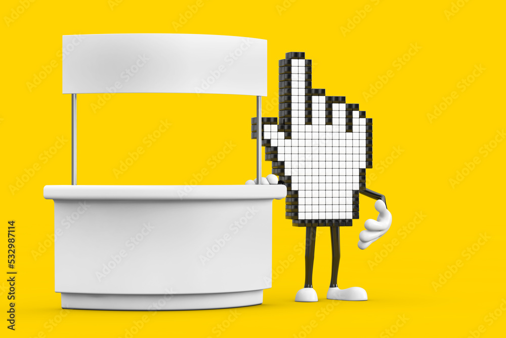 Aufkleber Pixel Hand Cursor Mascot Person Character near Blank Promotion Stand with Free Space for Your Design. 3d Rendering