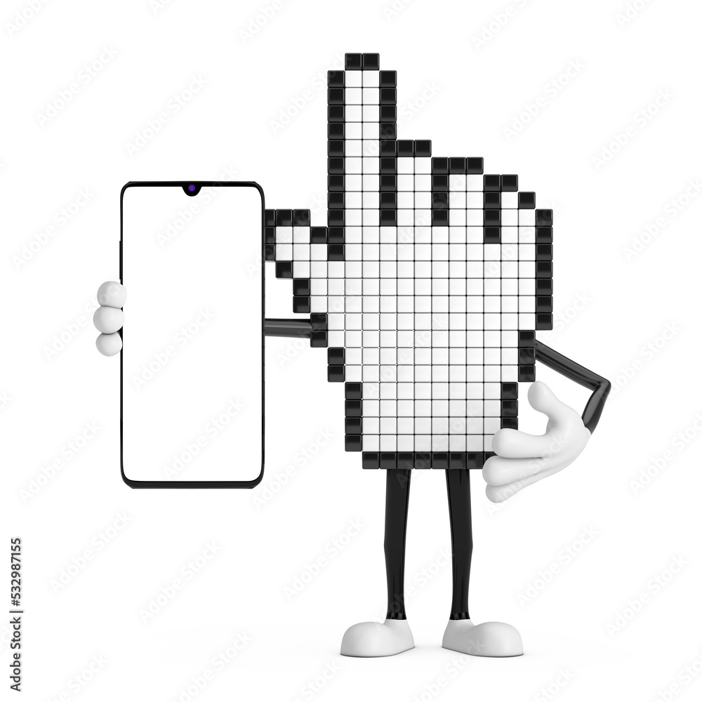 Aufkleber pixel hand cursor mascot person character and modern mobile phone with blank screen for your design.