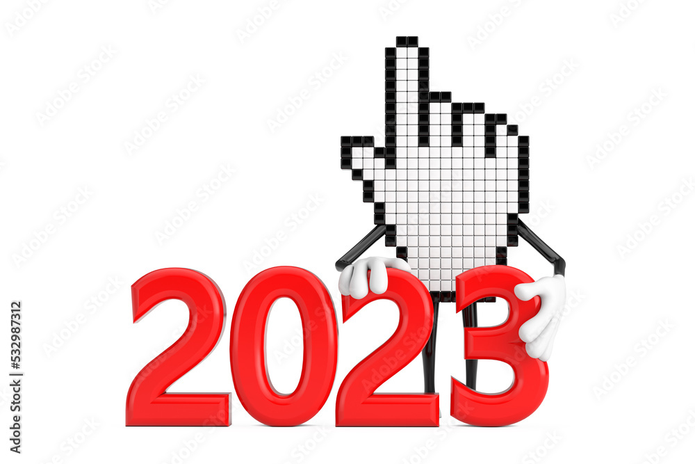 Leinwandbilder pixel hand cursor mascot person character with 2023 new year sign. 3d rendering