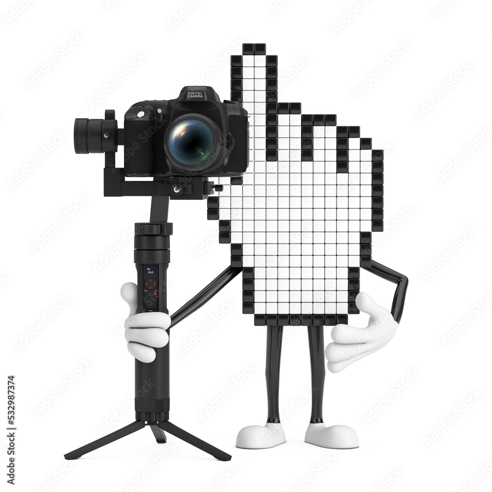 Leinwandbilder Pixel Hand Cursor Mascot Person Character with DSLR or Video Camera Gimbal Stabilization Tripod System. 3d Rendering