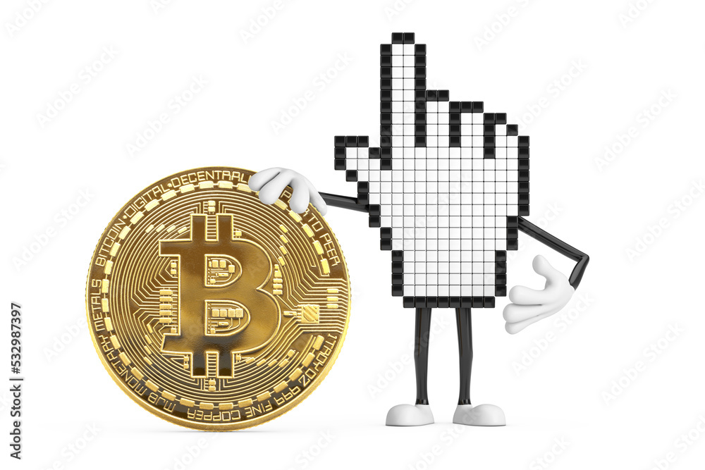 Poster pixel hand cursor mascot person character with digital and cryptocurrency golden bitcoin coin. 3d re