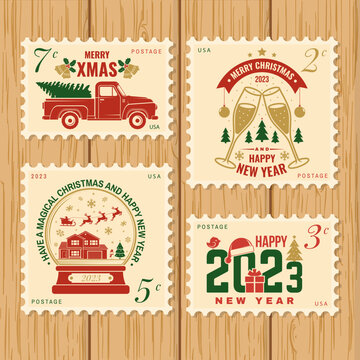 Merry Christmas and Happy New Year 2023 retro postage stamp with Santa Claus, Christmas tree, gifts, pickup. Vector illustration. Vintage design for xmas, new year emblem.