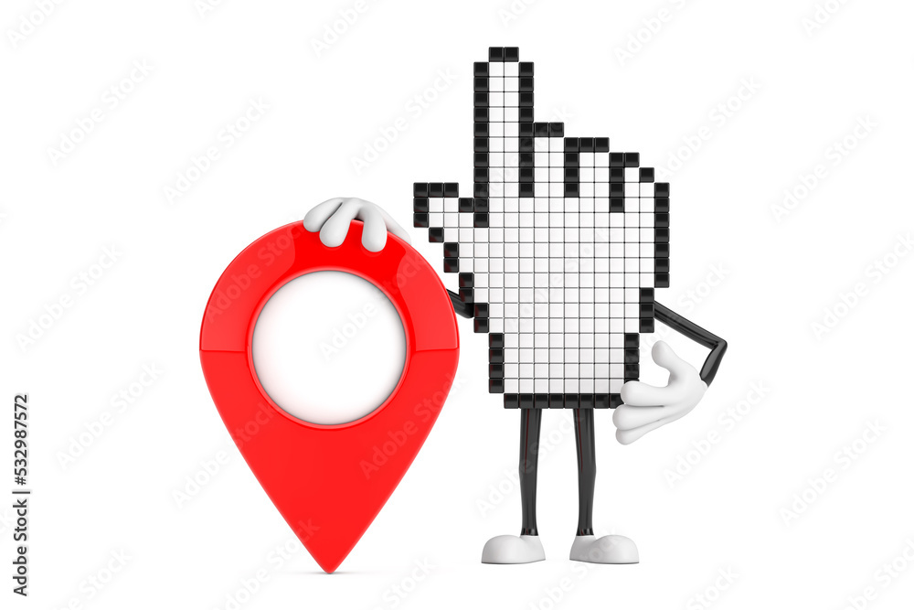 Aufkleber pixel hand cursor mascot person character with red map pointer target pin. 3d rendering