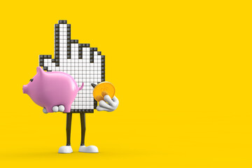 Pixel Hand Cursor Mascot Person Character with Piggy Bank and Golden Dollar Coin. 3d Rendering